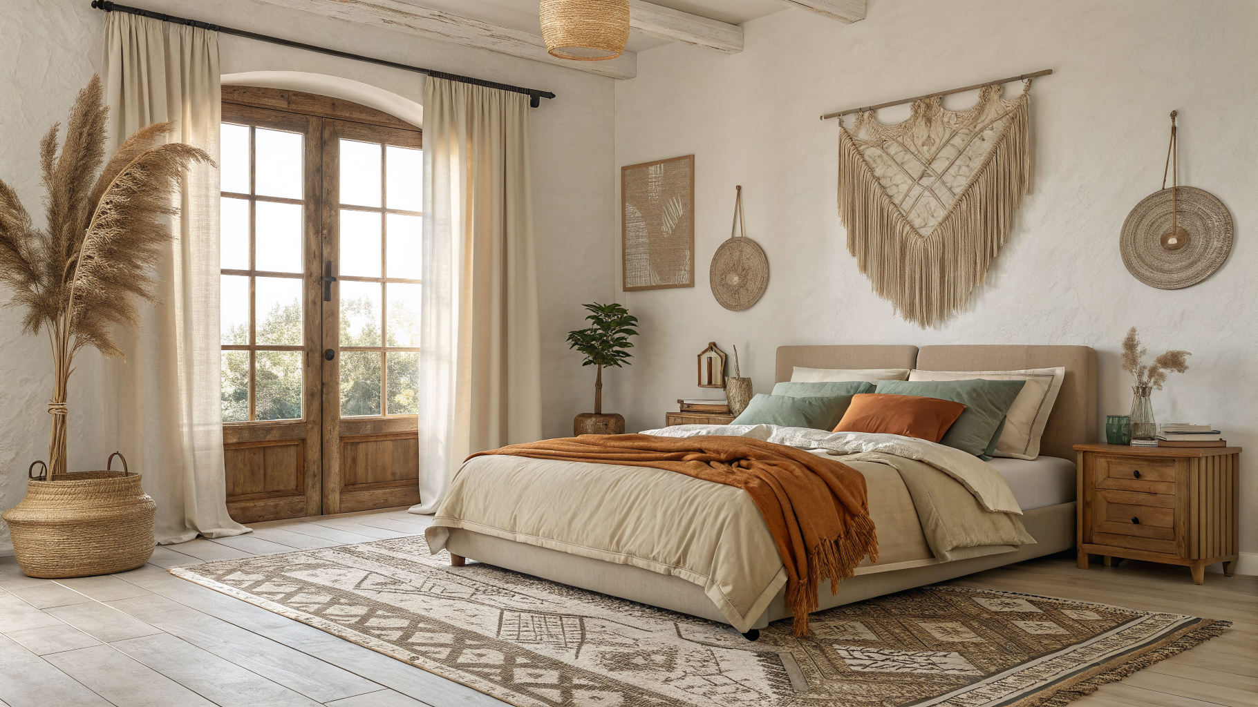 A bohemian bedroom with a warm layered color palette featuring soft white walls, sage green accents, and deep rust tones creating contrast without looking muddy