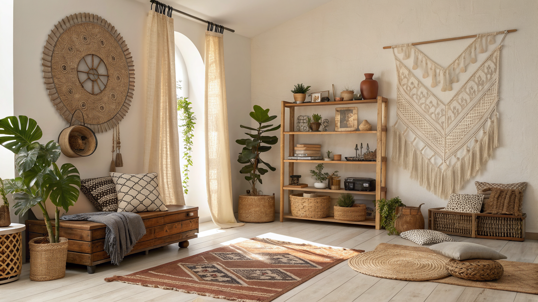 Side-by-side bohemian living room showing the difference between an over-decorated chaotic boho space and a curated, edited version of the same room with fewer intentional pieces