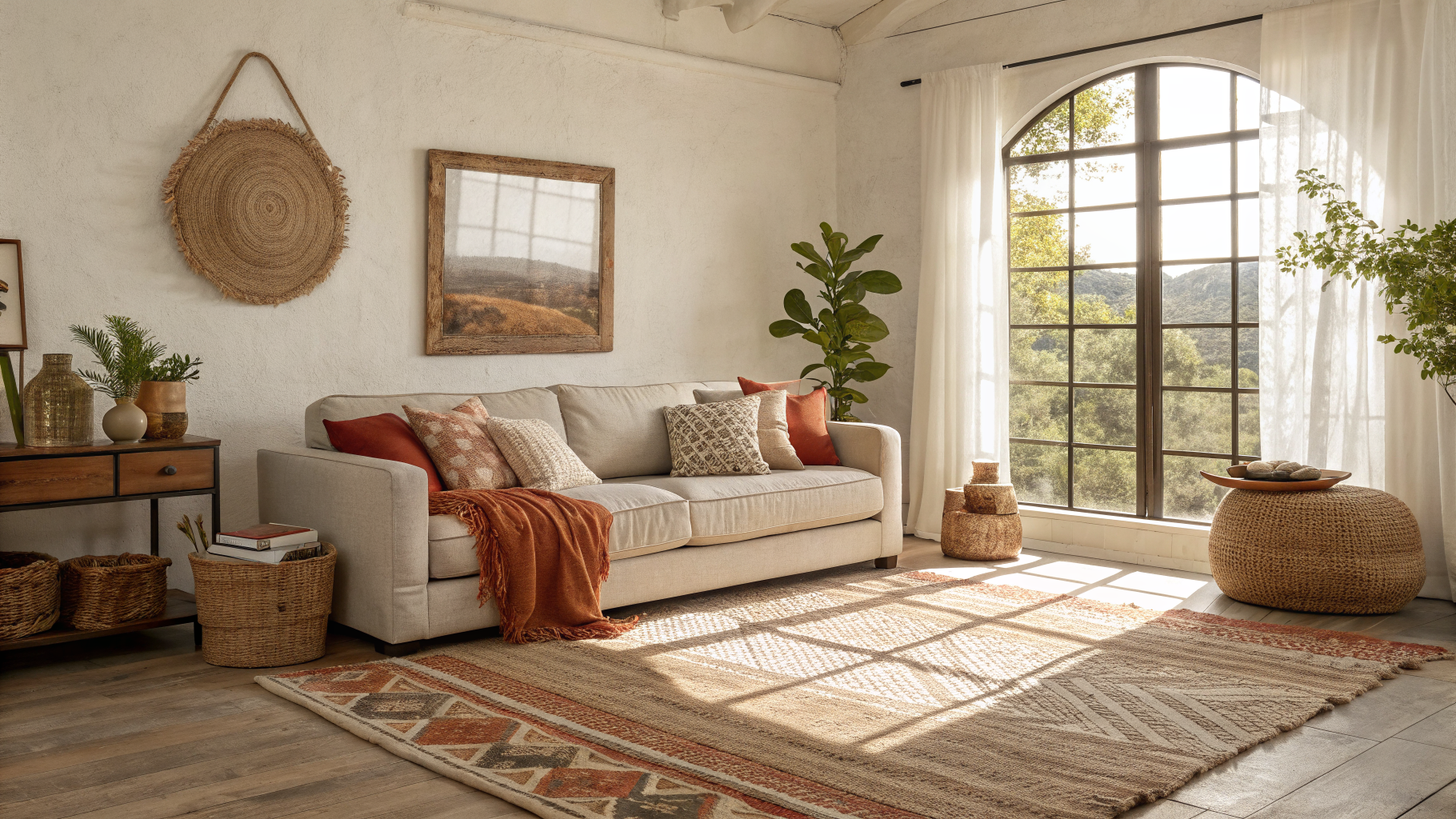 Bohemian living room with two layered rugs, a casually draped rumpled throw, and an asymmetrical mix of lumbar and square pillows in warm terracotta, ochre, and sage tones on a linen sofa