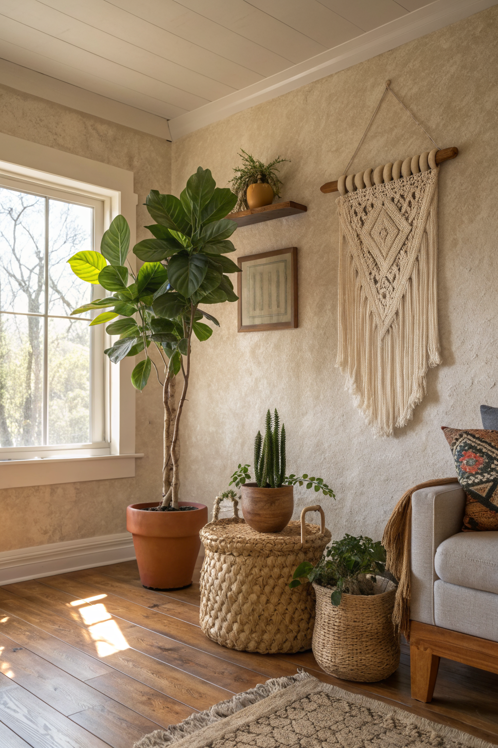 Bohemian living room corner with a fiddle leaf fig, trailing pothos, terracotta pots, macramé wall hanging, rattan light, and woven baskets arranged in layered natural textures