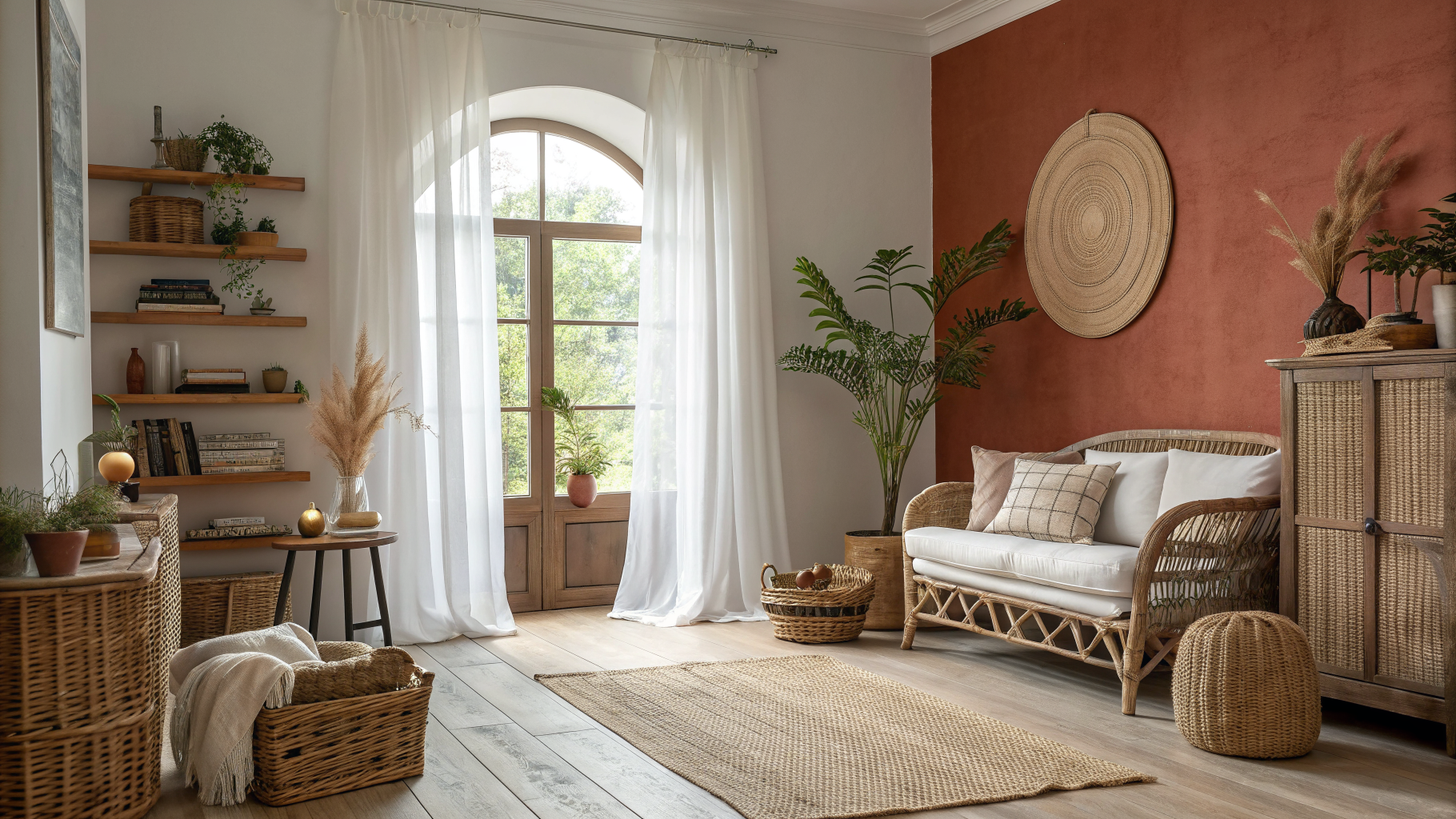 A boho living room showing two distinct interpretations side by side — one light and airy with rattan and linen, the other dark and moody with terracotta and brass — both feeling equally personal and warm