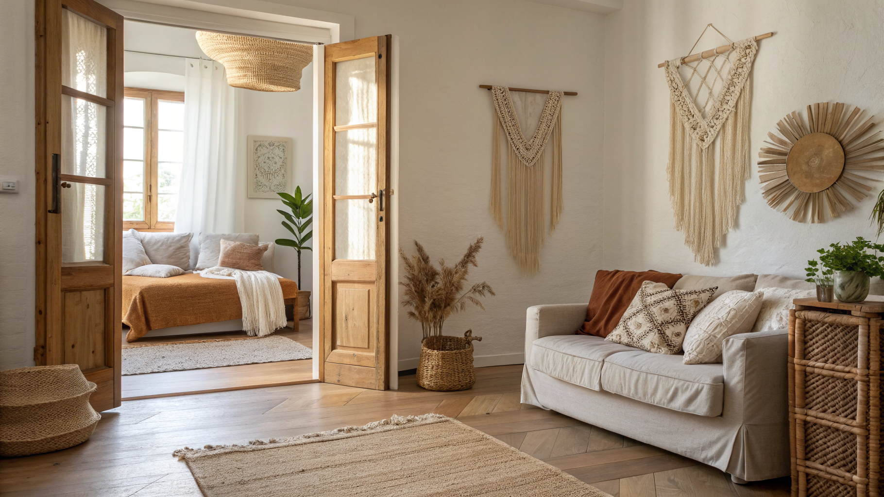 Warm bohemian living room with linen sofa, jute rug, macramé wall art, and glimpses of a styled bedroom and dining area with pampas grass and woven accents