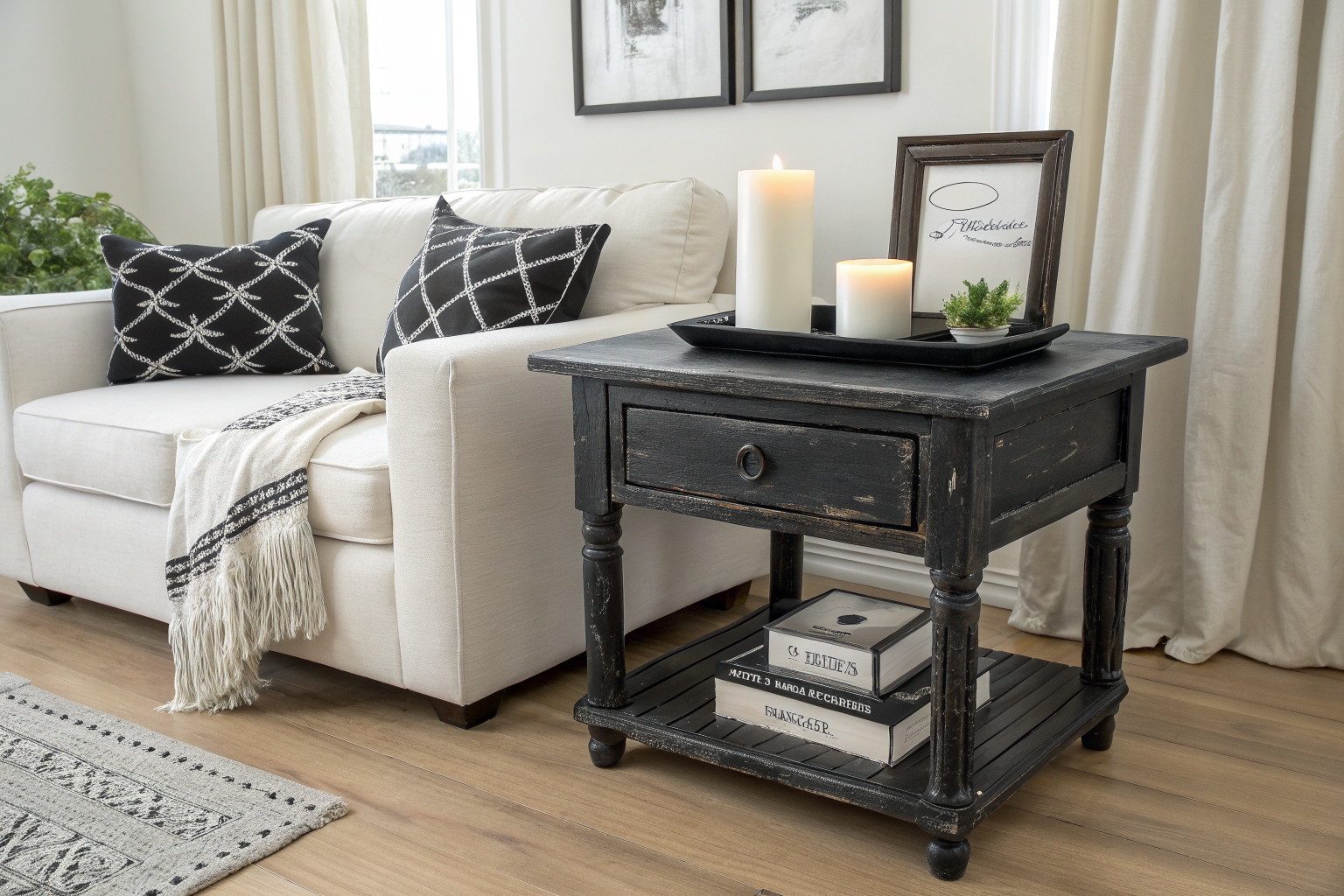 A budget-friendly black and white room refresh featuring a matte black painted side table, white pillow covers, a black and white throw blanket, and a framed print in a simple black frame