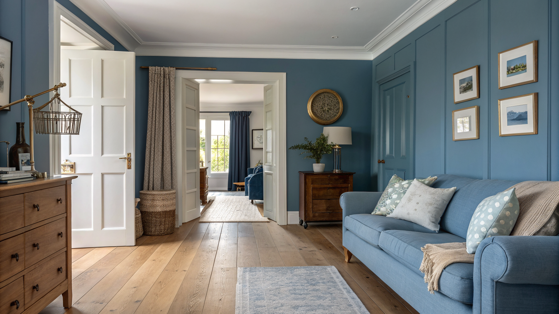 A cohesive blue-themed living room with dusty blue linen sofa, natural oak floors, aged brass hardware, and a glimpse of a navy home office through an open doorway