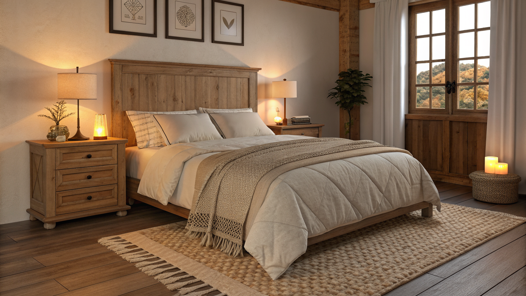 A cozy bedroom with layered textures including a chunky knit throw over a linen duvet, warm glowing table lamps on a close-pulled nightstand, and furniture arranged away from the walls to create a tucked-in inviting atmosphere
