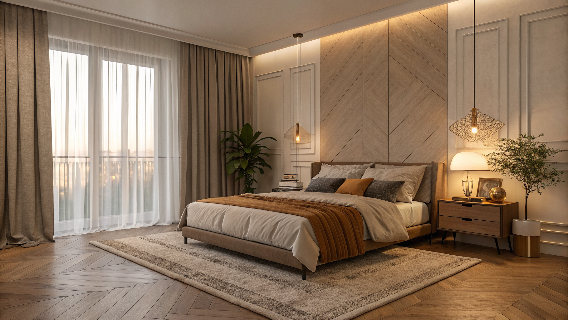 A warm, softly lit bedroom with ceiling-height linen curtains, a large area rug extending under all bed legs, minimal nightstand styling, and layered warm-toned bedding creating a calm and uncluttered space