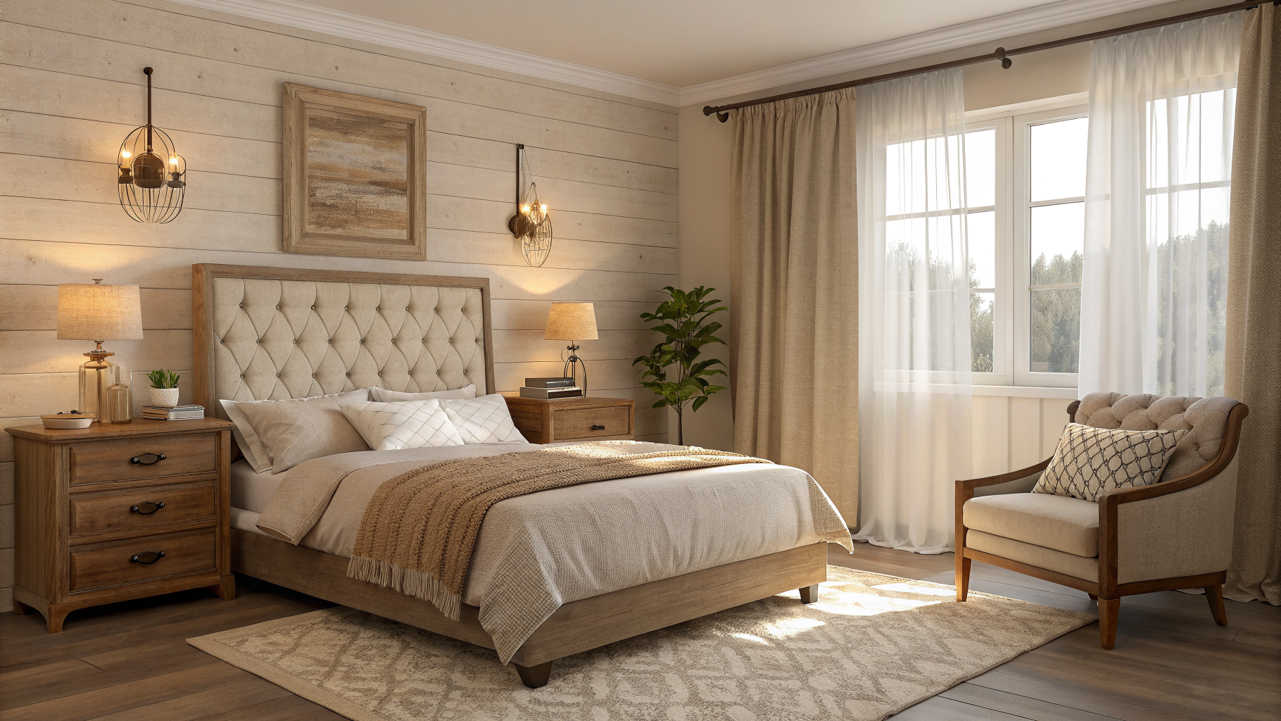 A cozy bedroom with furniture pulled slightly away from the walls, a tucked nightstand beside the headboard, an angled accent chair in the corner, and a bench floating at the foot of the bed