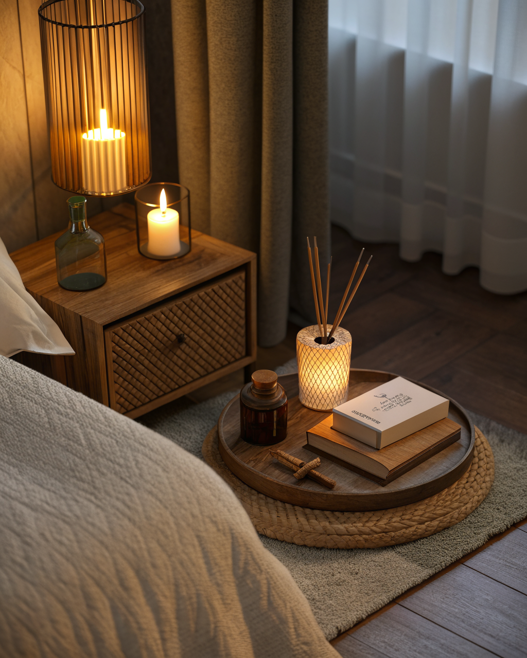 A cozy bedroom nightstand with a small wooden tray holding a lit candle, reed diffuser, book, and lip balm, bathed in warm amber lamplight