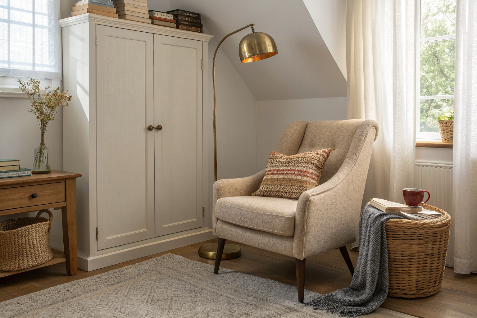 A cozy bedroom reading nook with an accent armchair, brass floor lamp angled over the shoulder, small wooden side table with tea and books, and a textured rug anchoring the corner