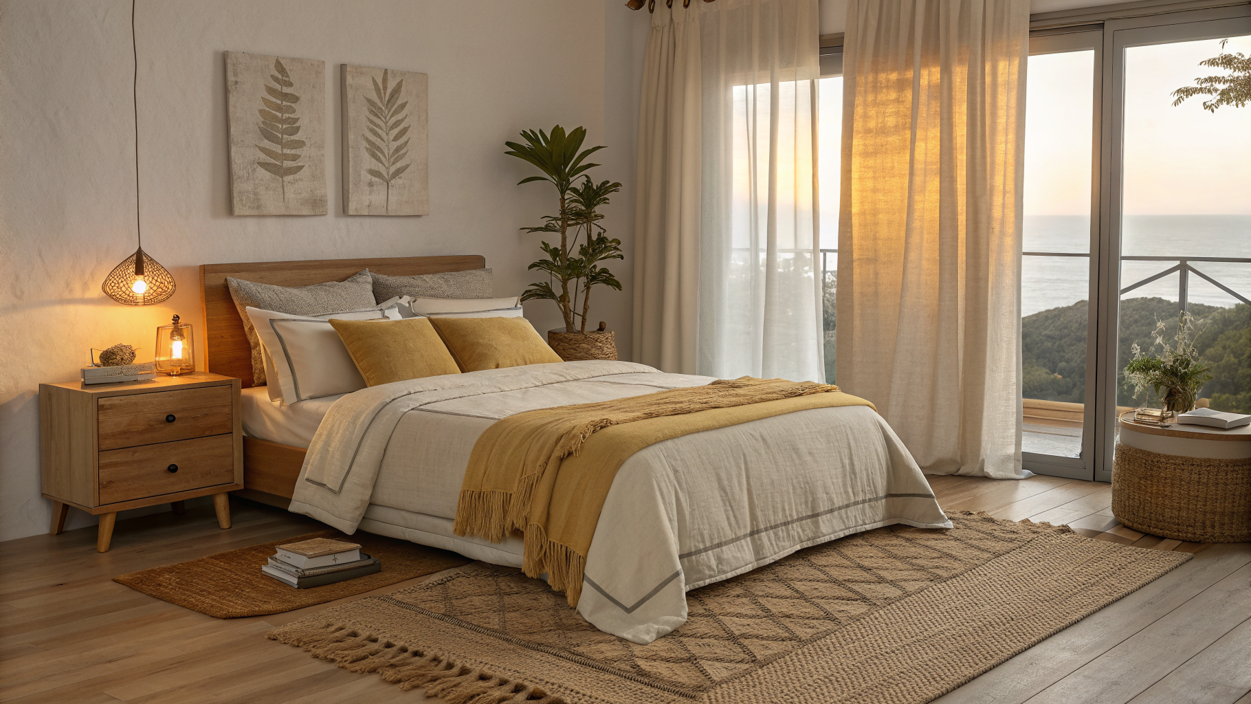 A warmly lit cozy bedroom with layered linen bedding, a glowing bedside lamp, a textured throw, and soft curtains creating a peaceful sanctuary atmosphere