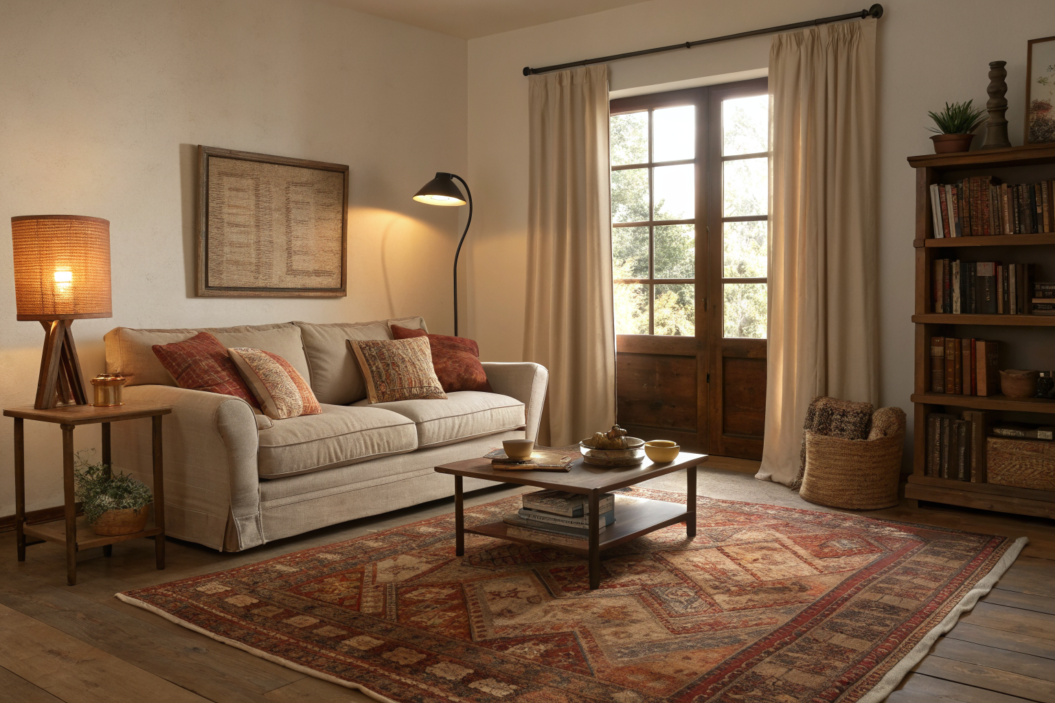A warm living room with a sofa pulled inward around a rug, soft linen curtains, and a glowing floor lamp creating an intimate, deliberately cozy atmosphere