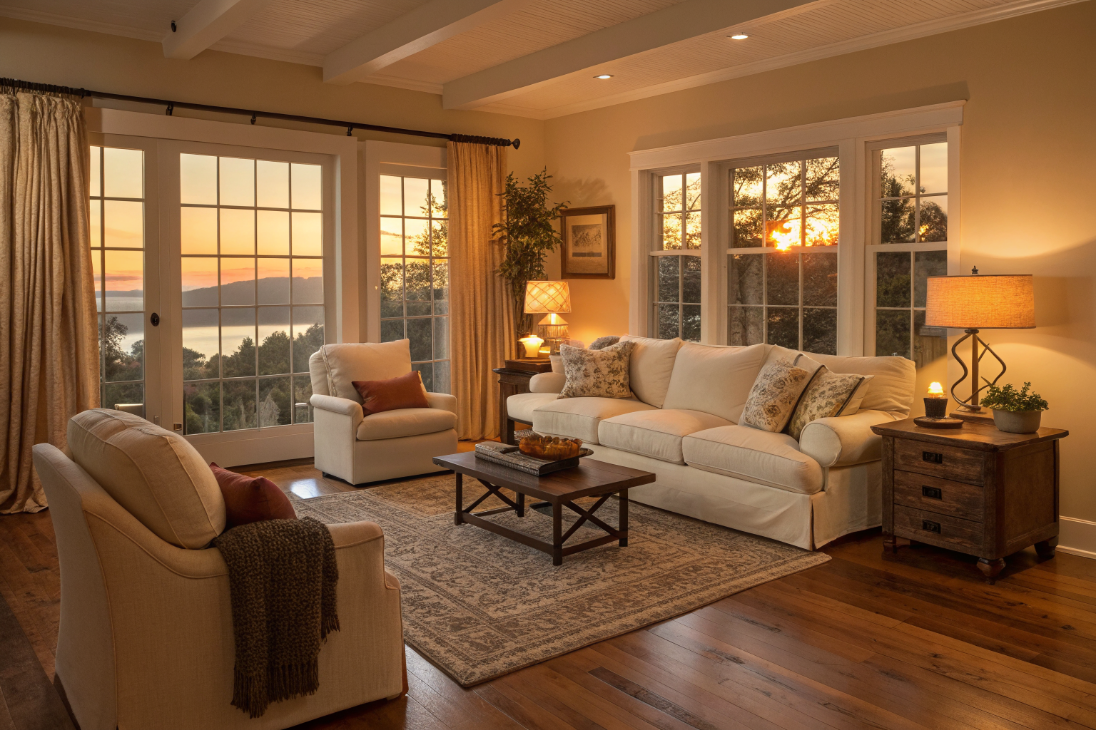 A warm and cozy living room in the evening with layered textiles, floor-length curtains, and table lamps casting soft amber light over a sofa and armchairs pulled close together around a large area rug