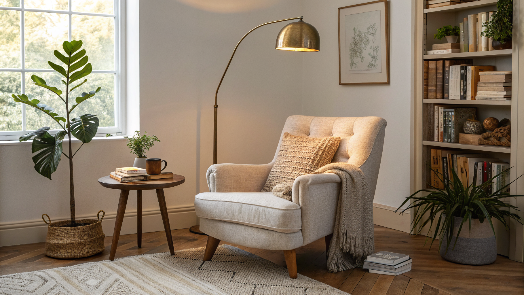A cozy reading nook in an open-plan living room with a linen armchair, arched floor lamp, side table with a mug, and bookshelf backdrop creating an intimate enclosed corner