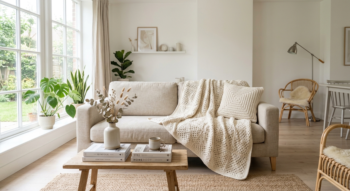 Minimalist living room with a single chunky cotton crochet throw draped over a neutral linen sofa, demonstrating intentional and chic crochet home decor styling