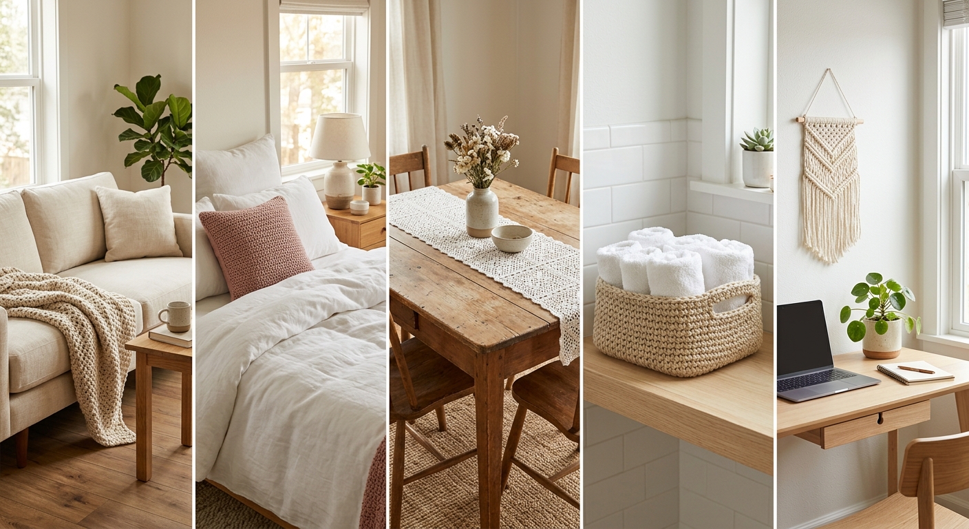 Collage of five home interiors each featuring one crochet decor piece including a chunky throw on a sofa, pillow cover on a bed, table runner in a kitchen, basket in a bathroom, and wall hanging in a home office