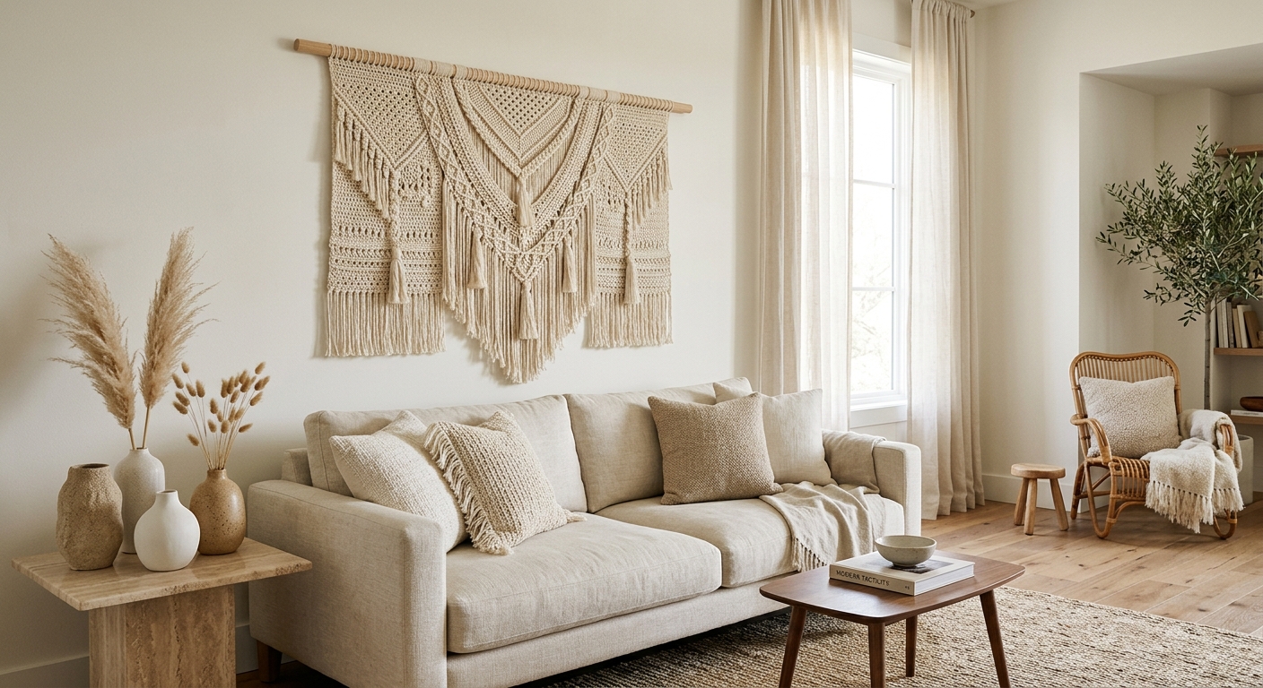 A luxury living room with a large handmade ivory crochet wall hanging above a linen sofa, styled with ceramic vessels and rattan accents in a warm neutral palette