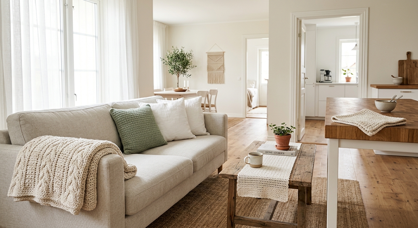 Bright minimalist living room with a neutral crochet throw folded on a linen sofa, a solid sage green crochet pillow, and a small crochet table runner on a wooden coffee table, with a kitchen glimpsed in the background