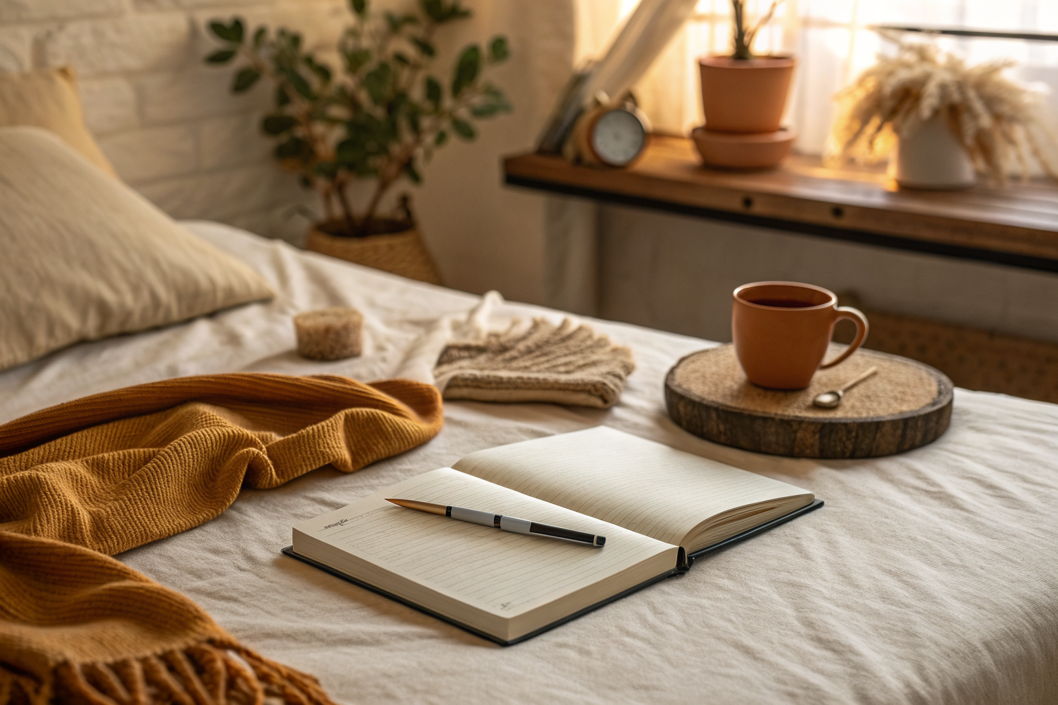 Open blank notebook resting on a linen bed beside a coffee mug and terracotta pot in a warmly lit bedroom with earthy tones