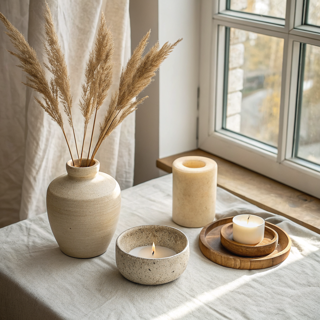 Three handmade home decor pieces — a linen-wrapped vase, a matte plaster bowl, and a wood candle holder — styled together on a neutral linen surface with soft natural light
