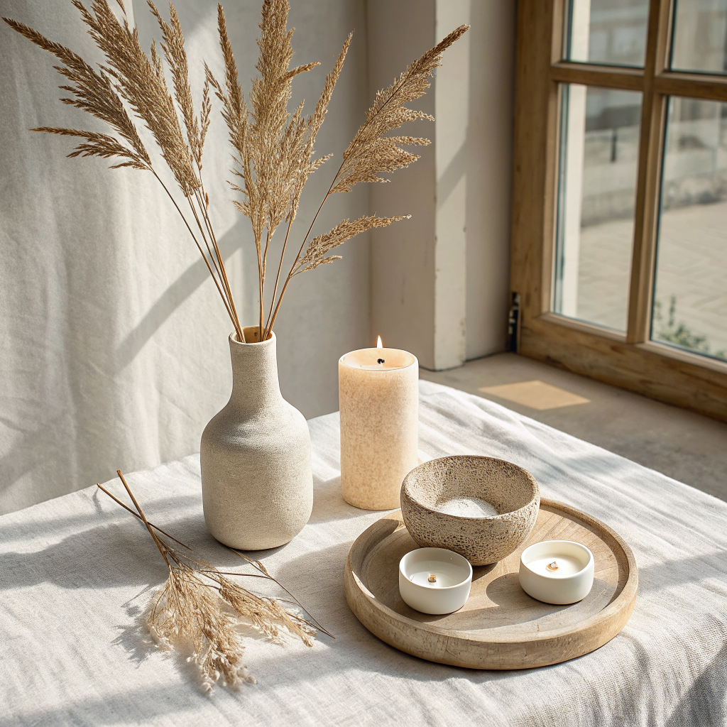 Three handmade home decor pieces — a linen-wrapped vase, a matte plaster bowl, and a wood candle holder — styled together on a neutral linen surface with soft natural light