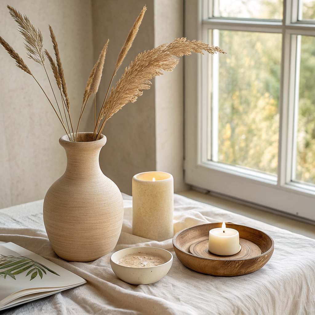Three handmade home decor pieces — a linen-wrapped vase, a matte plaster bowl, and a wood candle holder — styled together on a neutral linen surface with soft natural light