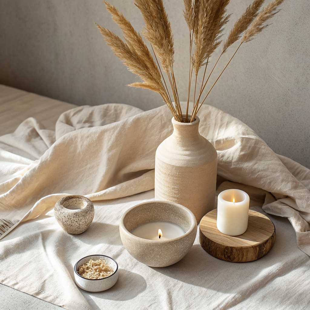 Three handmade home decor pieces — a linen-wrapped vase, a matte plaster bowl, and a wood candle holder — styled together on a neutral linen surface with soft natural light