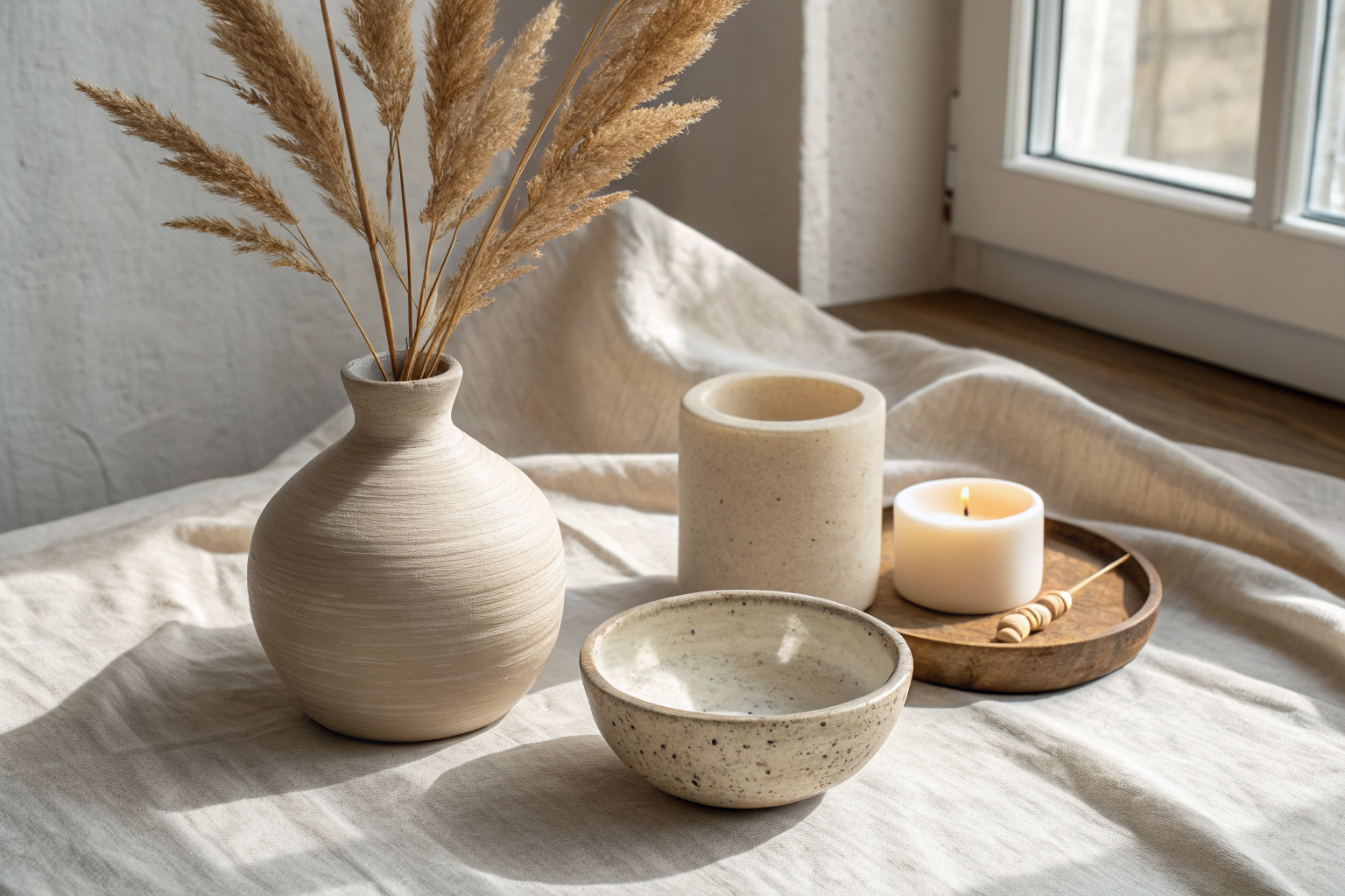 Three handmade home decor pieces — a linen-wrapped vase, a matte plaster bowl, and a wood candle holder — styled together on a neutral linen surface with soft natural light