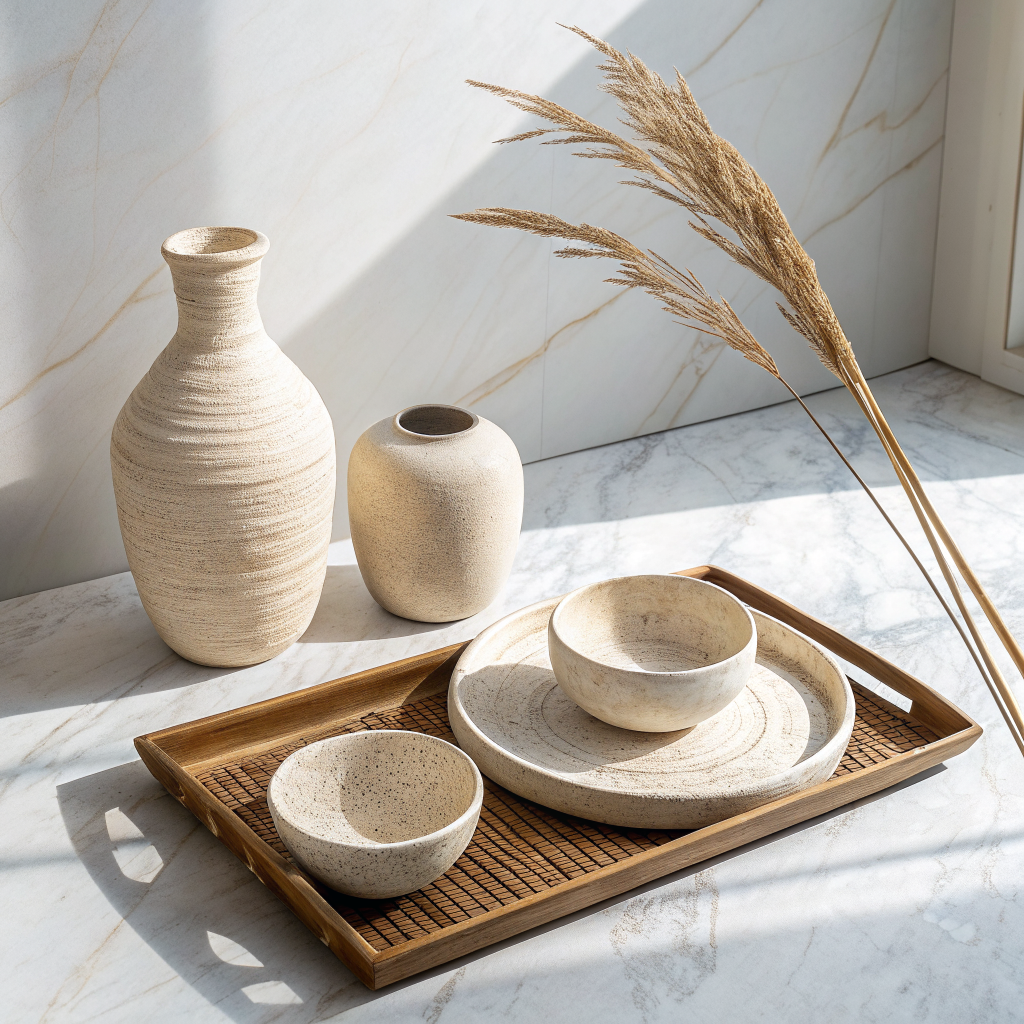 Three handmade home decor pieces — a linen-wrapped vase, matte plaster bowl, and rattan tray with dried stems — styled on a marble surface in a minimalist neutral palette