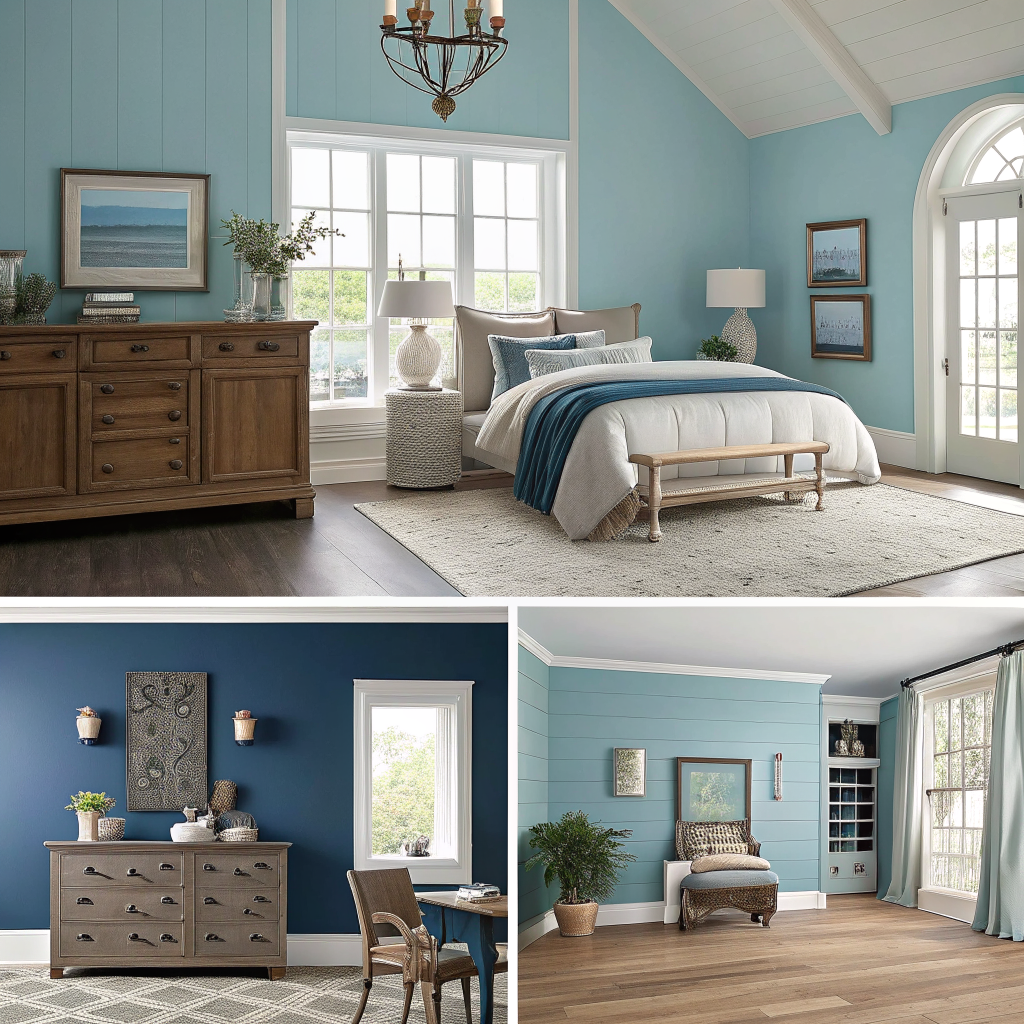 Five blue interior design styles shown side by side including coastal aqua, moody navy, Scandinavian dusty blue, traditional navy with brass, and modern saturated blue against concrete