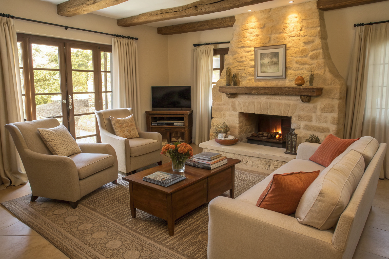 A cozy living room with sofa and armchairs pulled away from the walls and arranged in an intimate conversation circle around a fireplace focal point