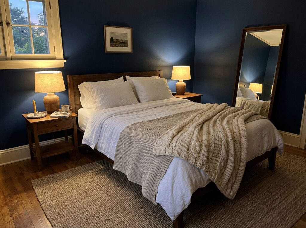 Cozy bedroom styled with home decor ideas bedroom aesthetic principles — layered lighting, textured bedding, and deep blue walls