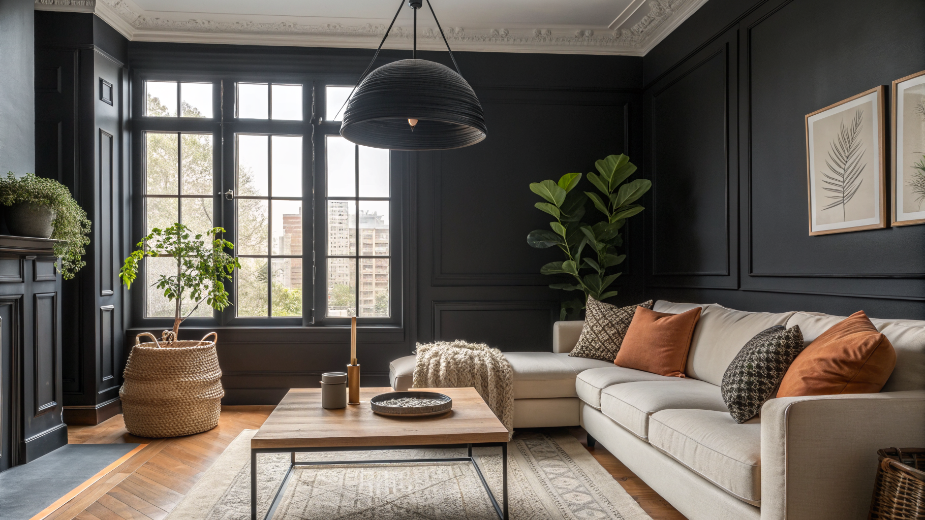 Modern living room with black accent wall, matte black window frames, and black pendant light fixture styled with a cream sofa and warm neutral tones