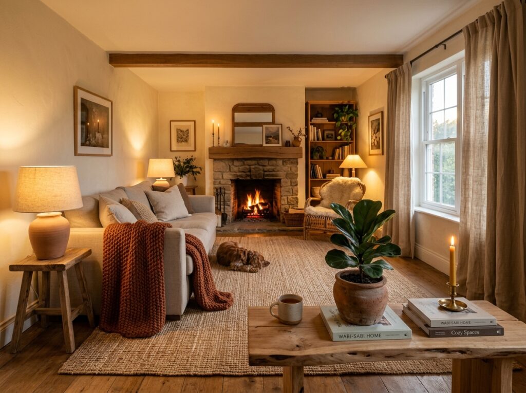 A warm living room styled with home decor ideas cozy spaces need, featuring layered textiles and soft lamps.