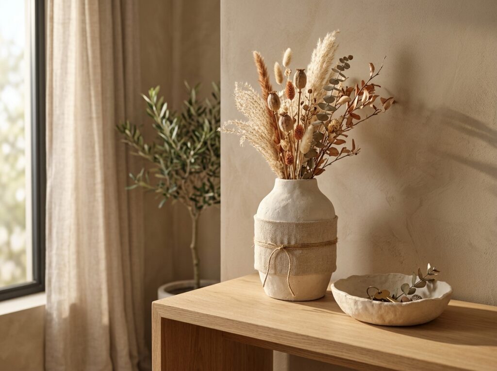 Elegant home decor ideas craft display featuring a handmade plaster vase and clay bowl on a wooden table