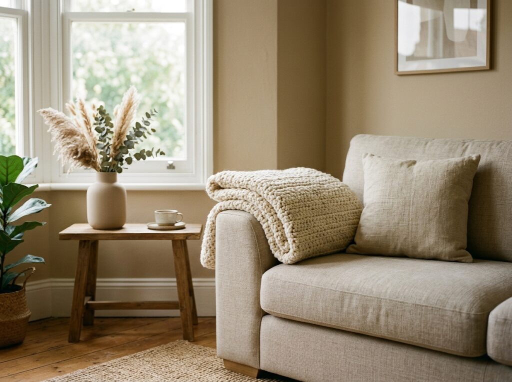 home decor ideas crochet — neutral crochet throw styled on a linen sofa