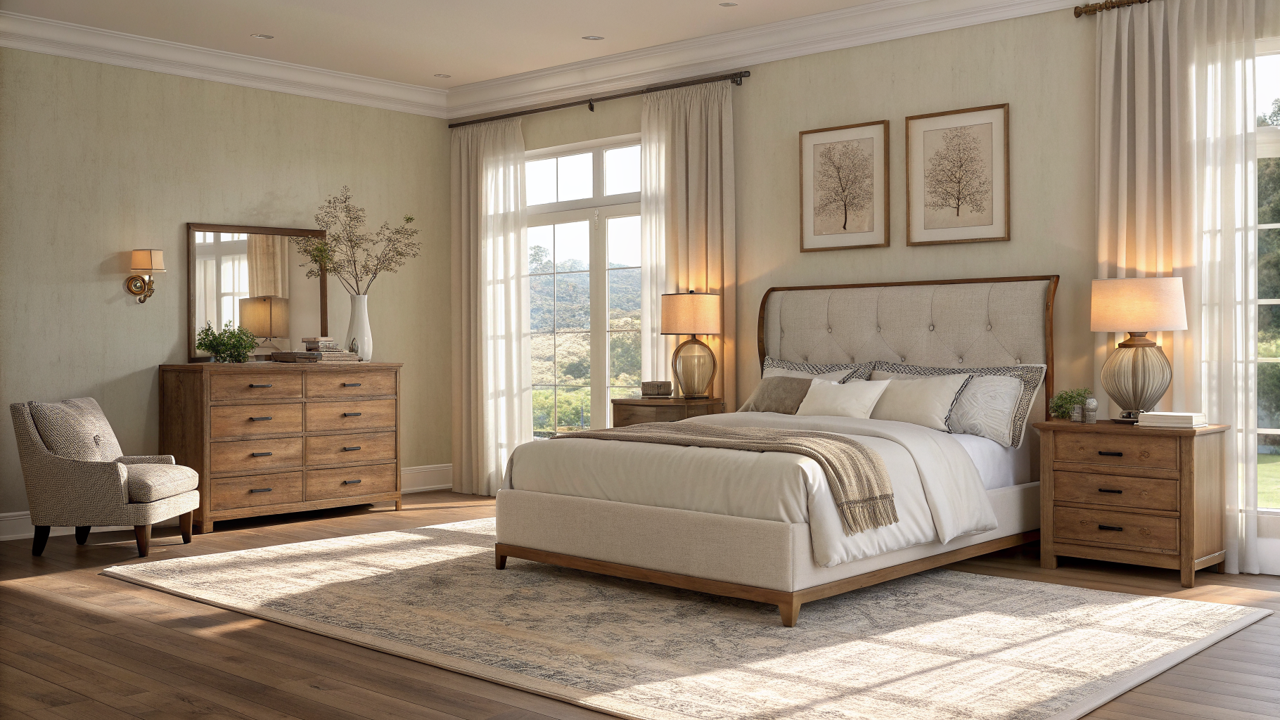 A symmetrically arranged bedroom with a centered upholstered bed flanked by matching nightstands and lamps, a large area rug, and balanced furniture placement on each wall creating a deliberately designed, calm space