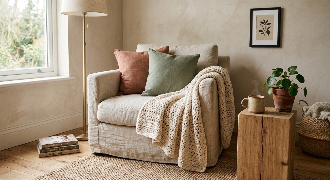 A cozy armchair with a single handmade crochet throw draped over it, styled with solid cushions and a simple ceramic mug on a wood side table in a warm, minimalist living room