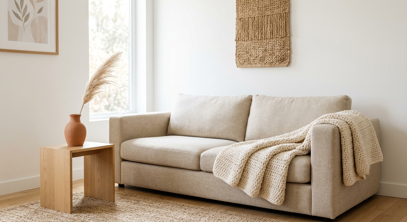 A neatly draped cream crochet throw over one armrest of a linen sofa against a white wall, styled minimally with a jute wall hanging and terracotta ceramic vase