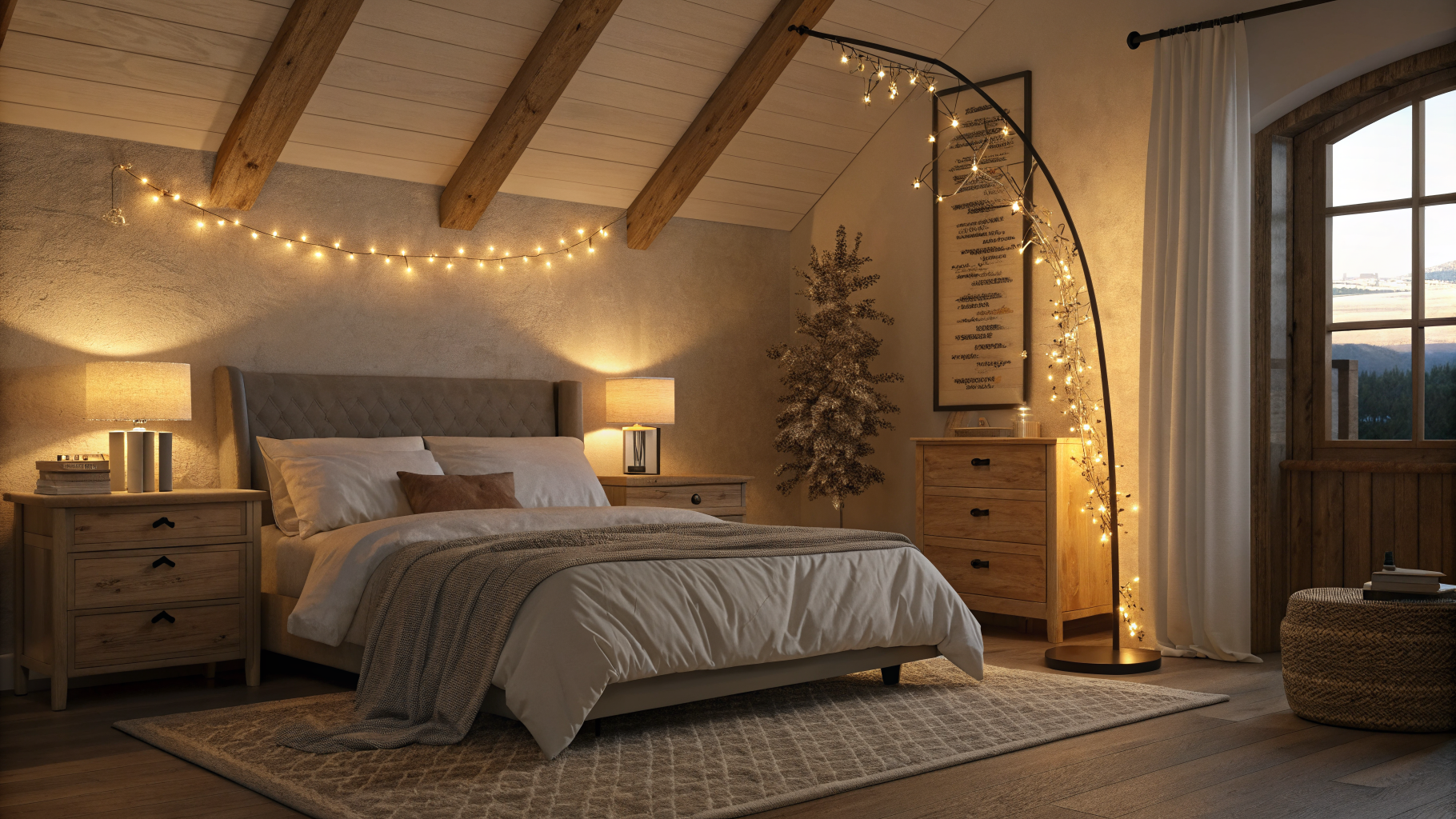 A cozy bedroom lit entirely by layered warm light sources including nightstand lamps, a corner floor lamp, and fairy lights along the headboard, with no overhead lighting turned on