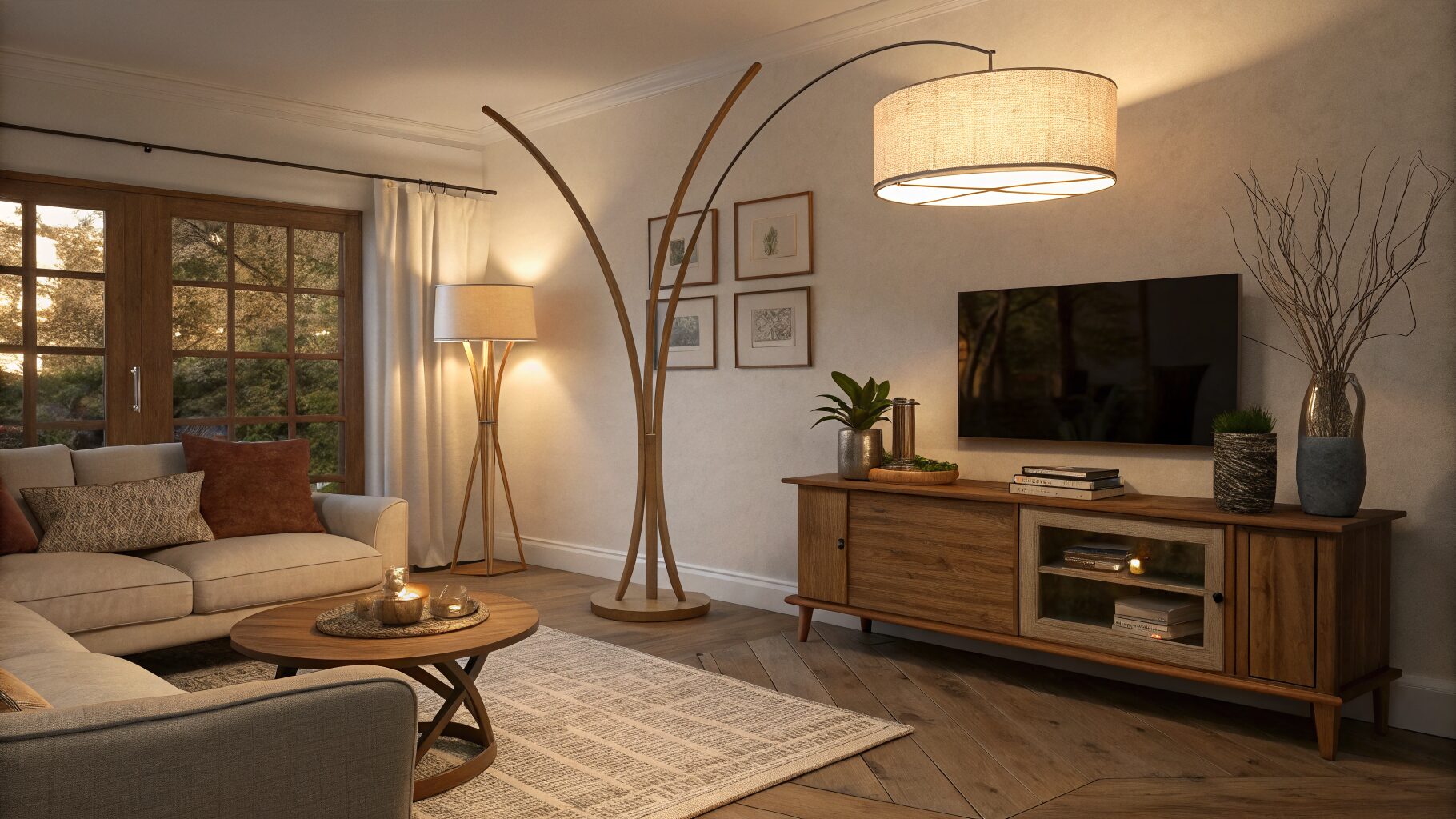 A warm modern living room lit by three layered light sources including a floor lamp with a brushed brass base, a small ceramic table lamp on a shelf, and a soft overhead fixture, all emitting 2700K warm light
