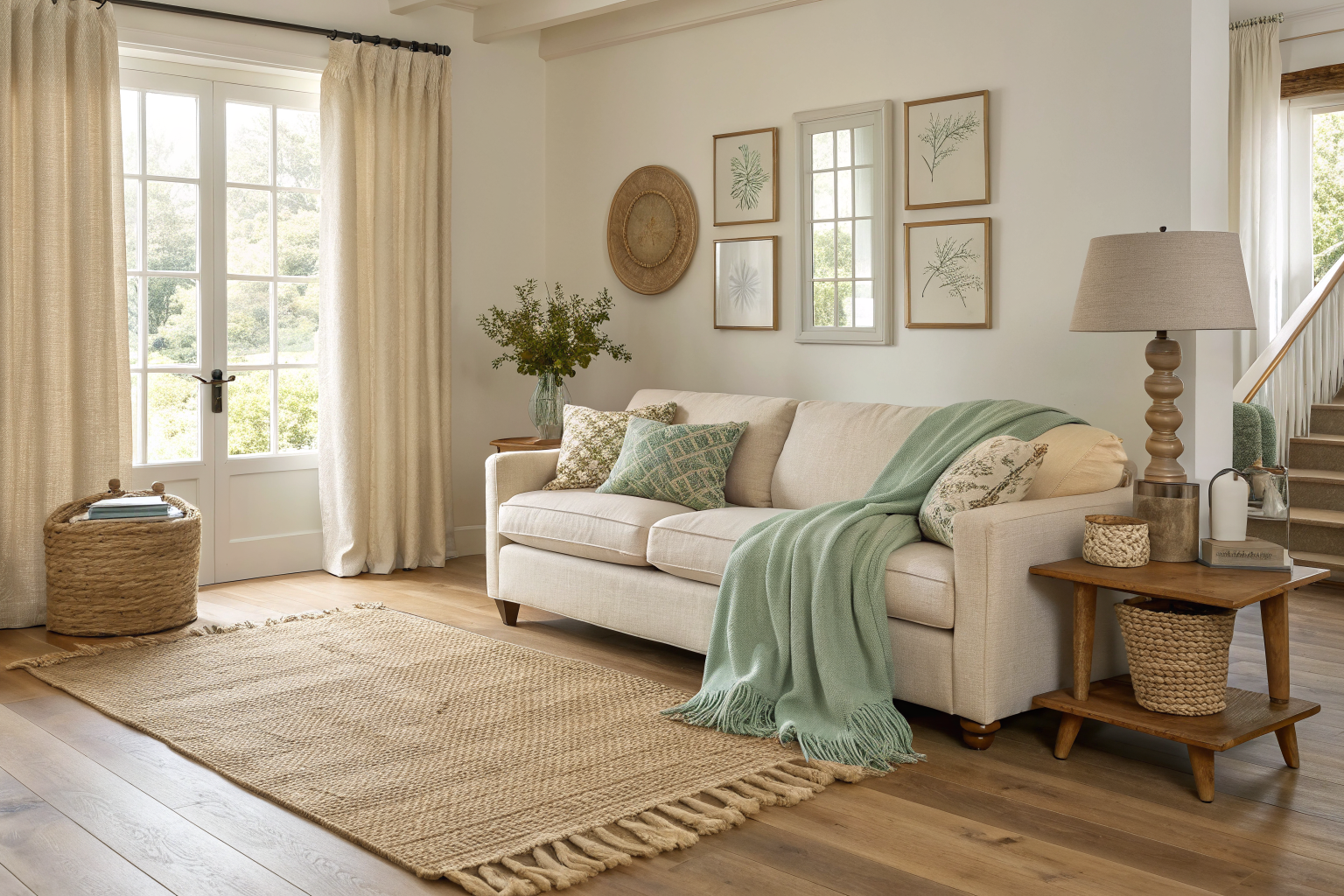 A cozy living room styled with three layers of textiles including an oversized rug, a casually draped throw, and floor-length linen curtains