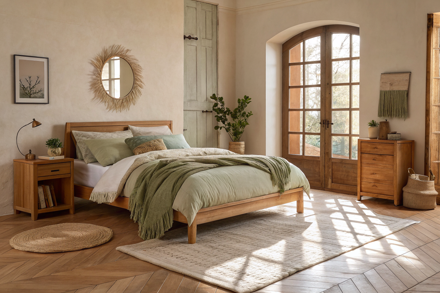A cozy bedroom with layered bedding including a linen duvet, waffle-weave blanket, and chunky knit throw, styled on a wood bed frame over a large sand-toned area rug