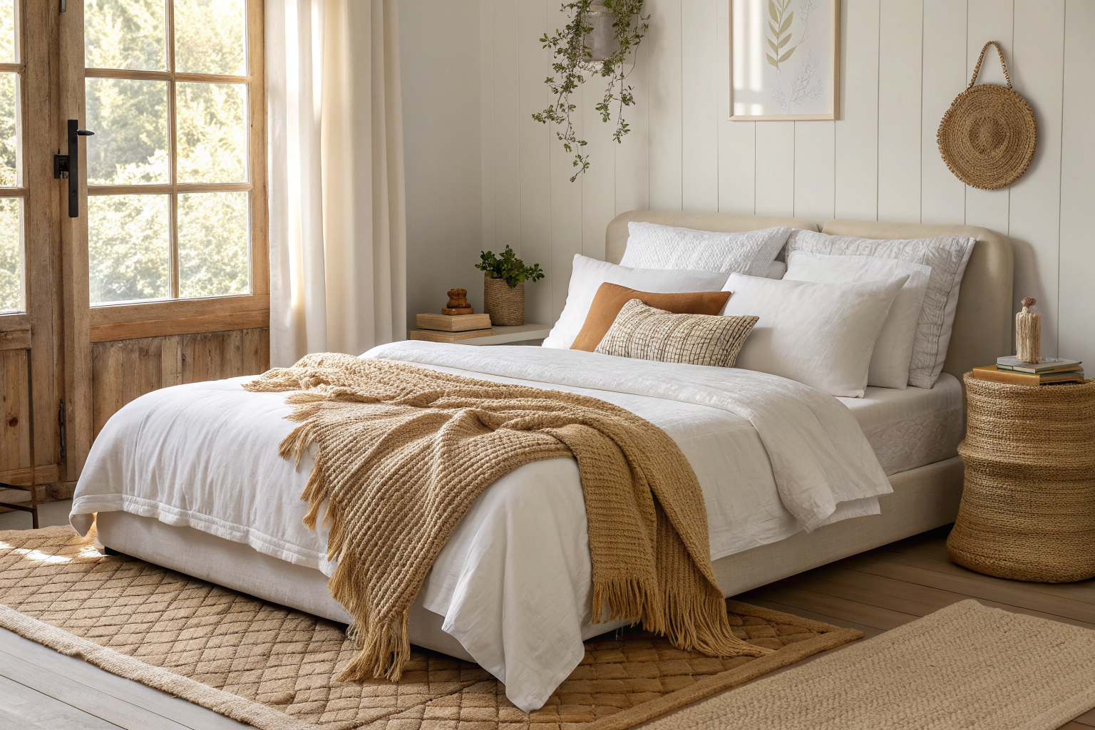 A layered bed with mixed textures including chunky knit throw, waffle-weave linen, and smooth percale sheets styled in a warm, lived-in bedroom