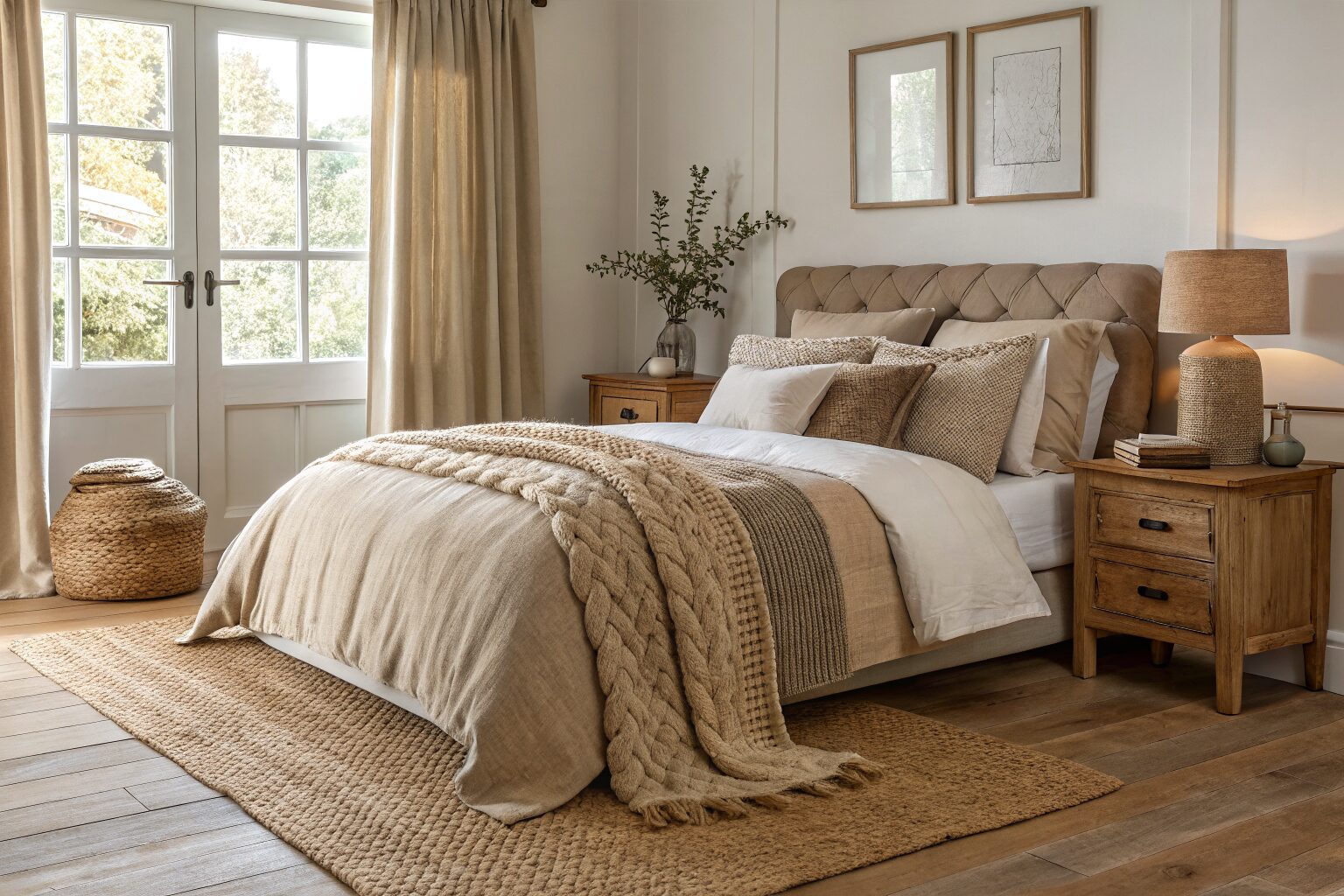 A styled bedroom corner showing layered textures including a linen duvet, chunky knit throw, velvet pillow, raw ceramic lamp, and wood nightstand demonstrating the three-texture and three-material design framework