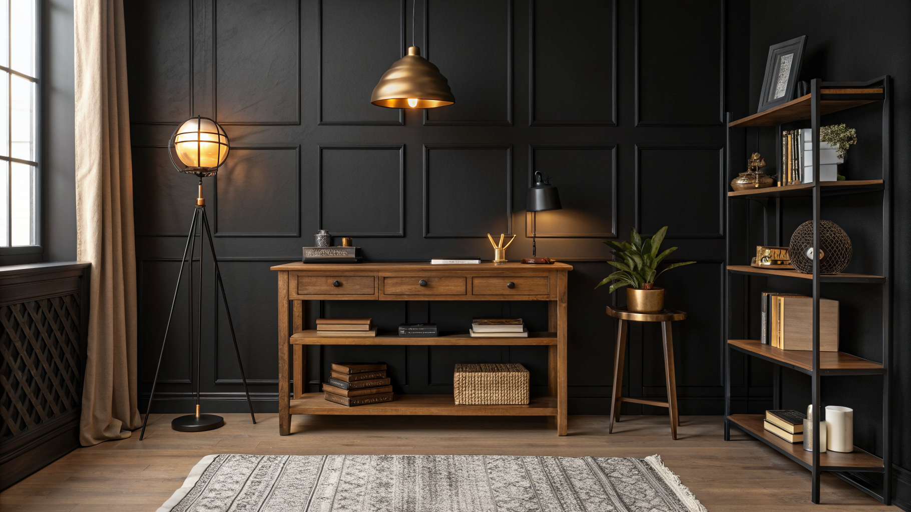 A cozy home office with a matte black accent wall illuminated by layered warm lighting including a pendant light and two golden-toned table lamps creating a rich, dimensional glow