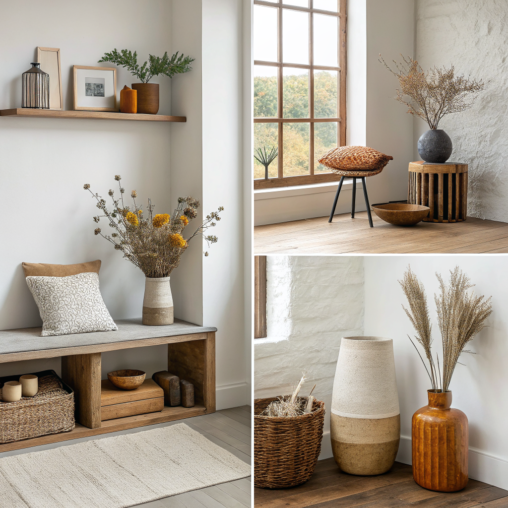 Four interior style vignettes showing matching handmade decor in minimalist, cottagecore, mid-century modern, and coastal Scandinavian rooms