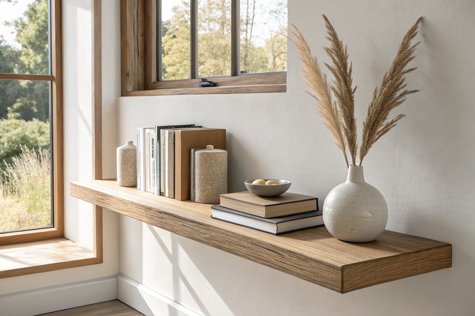 A minimalist wooden shelf styled with two upright books, one flat book topped with a small stone, and a single stem in a thin vase, demonstrating intentional negative space in modern home decor