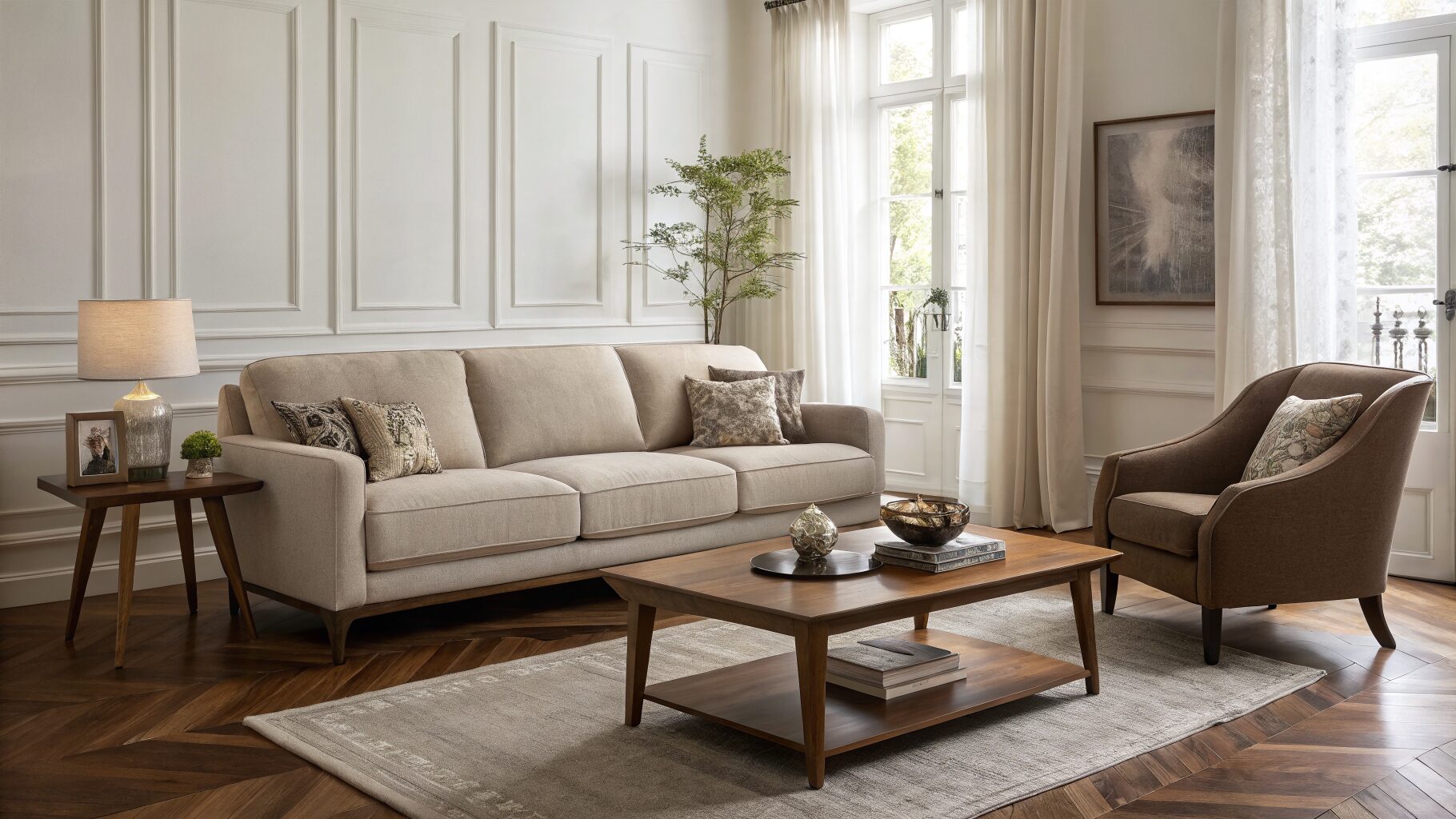 A modern living room with a rounded-arm linen sofa, proportionally sized walnut coffee table, and a single sculptural accent chair in warm natural light