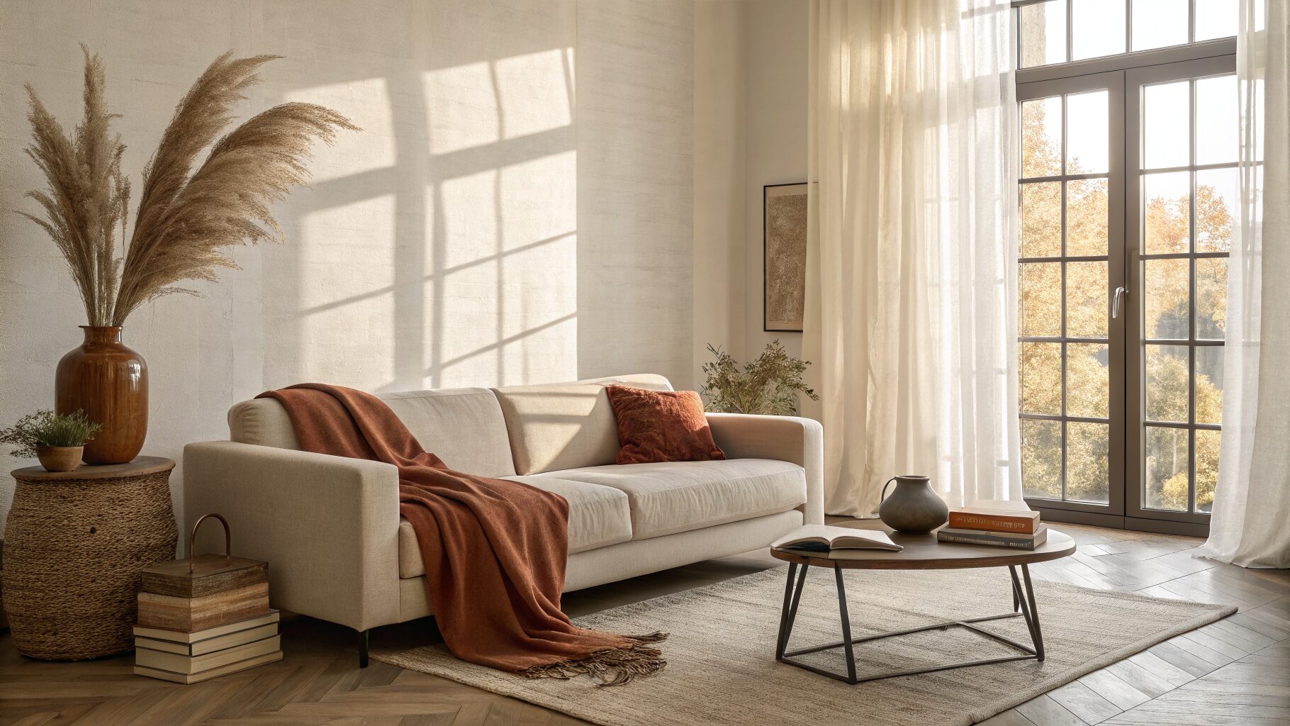 Modern living room styled in warm greige, soft terracotta, and deep espresso tones with a rust throw on a neutral sofa and minimalist wood accents