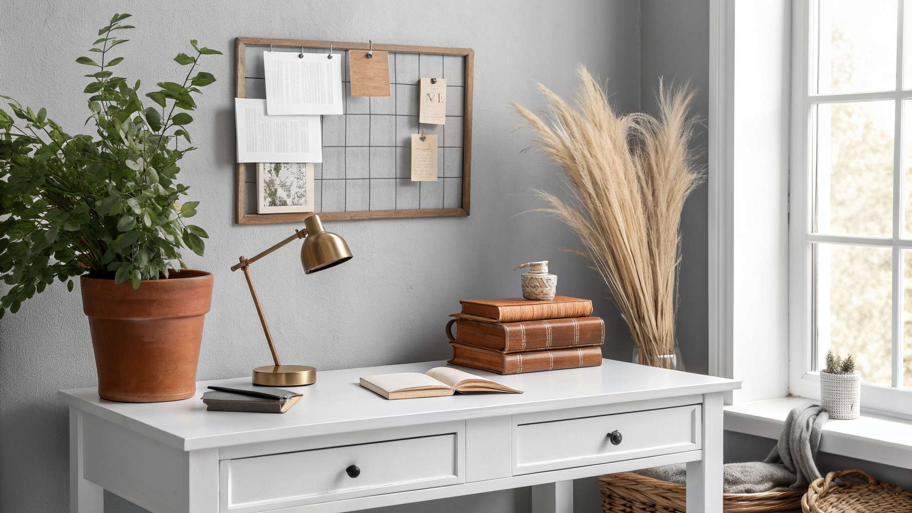 A black and white home office styled with warm natural accents including a terracotta plant pot, aged books, linen pinboard, and brass lamp